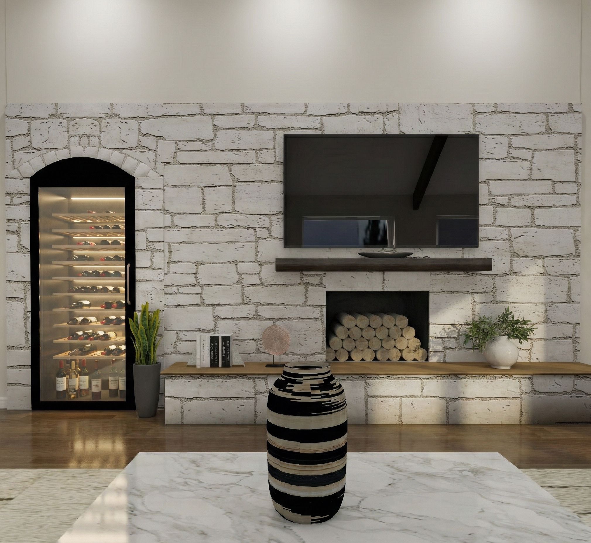 Family room with a white stone fireplace wall, mounted television, and adjacent glass-enclosed wine display.