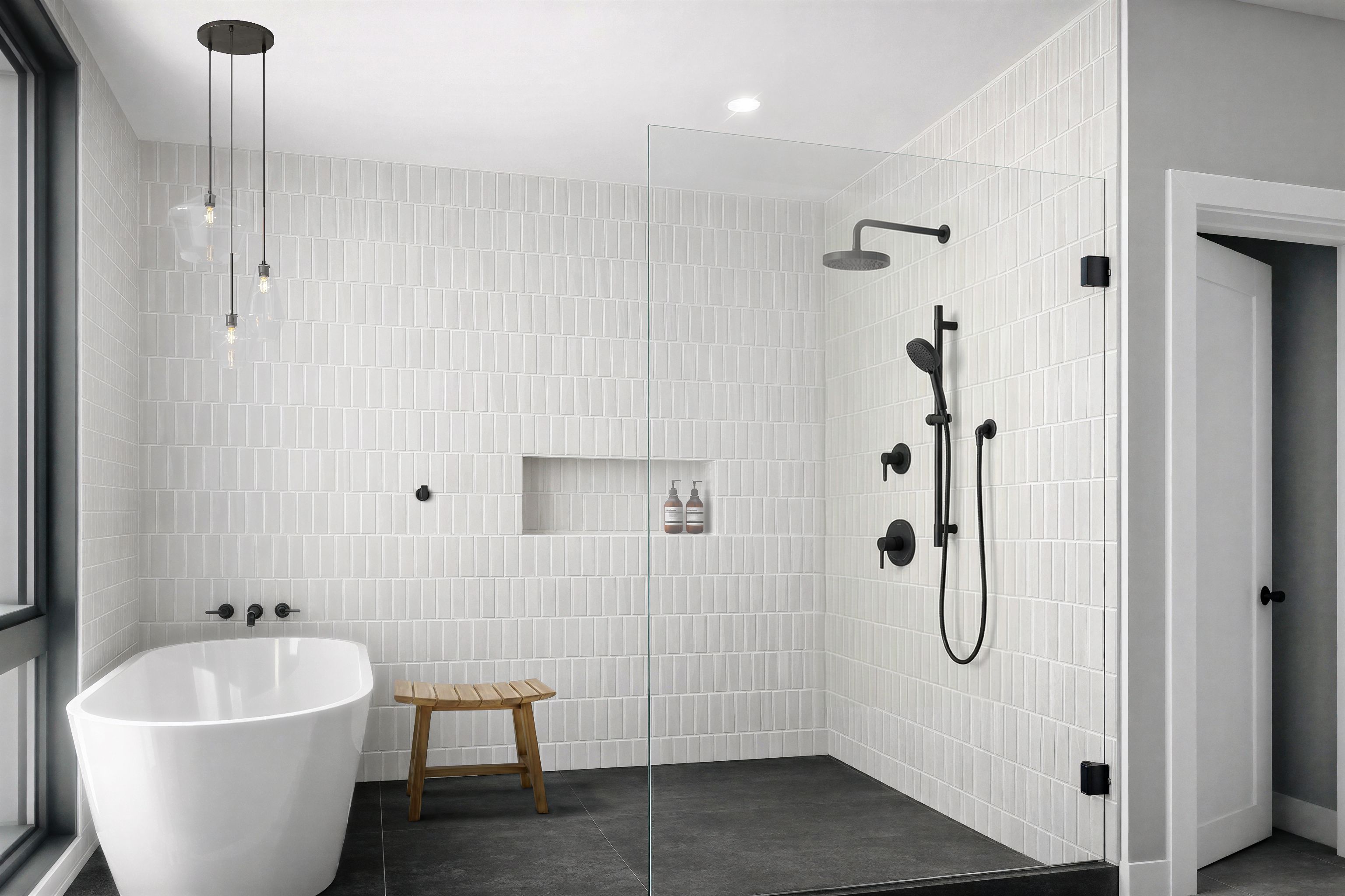 Bathroom with white subway shower tile, black fixtures and hardware, and a wooden stool.