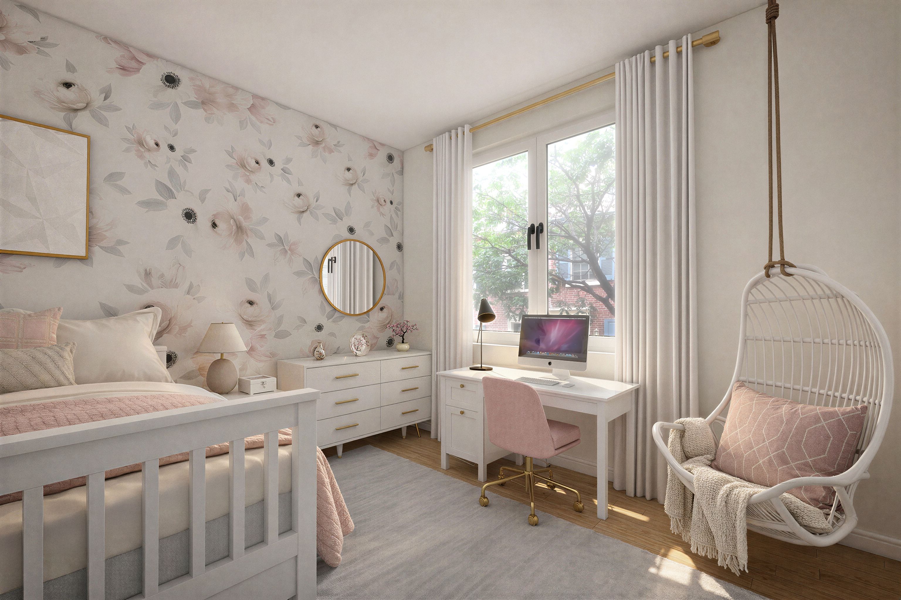 Girl’s bedroom with floral wallpaper, a white upholstered bed, desk, and a hanging chair beside the window.