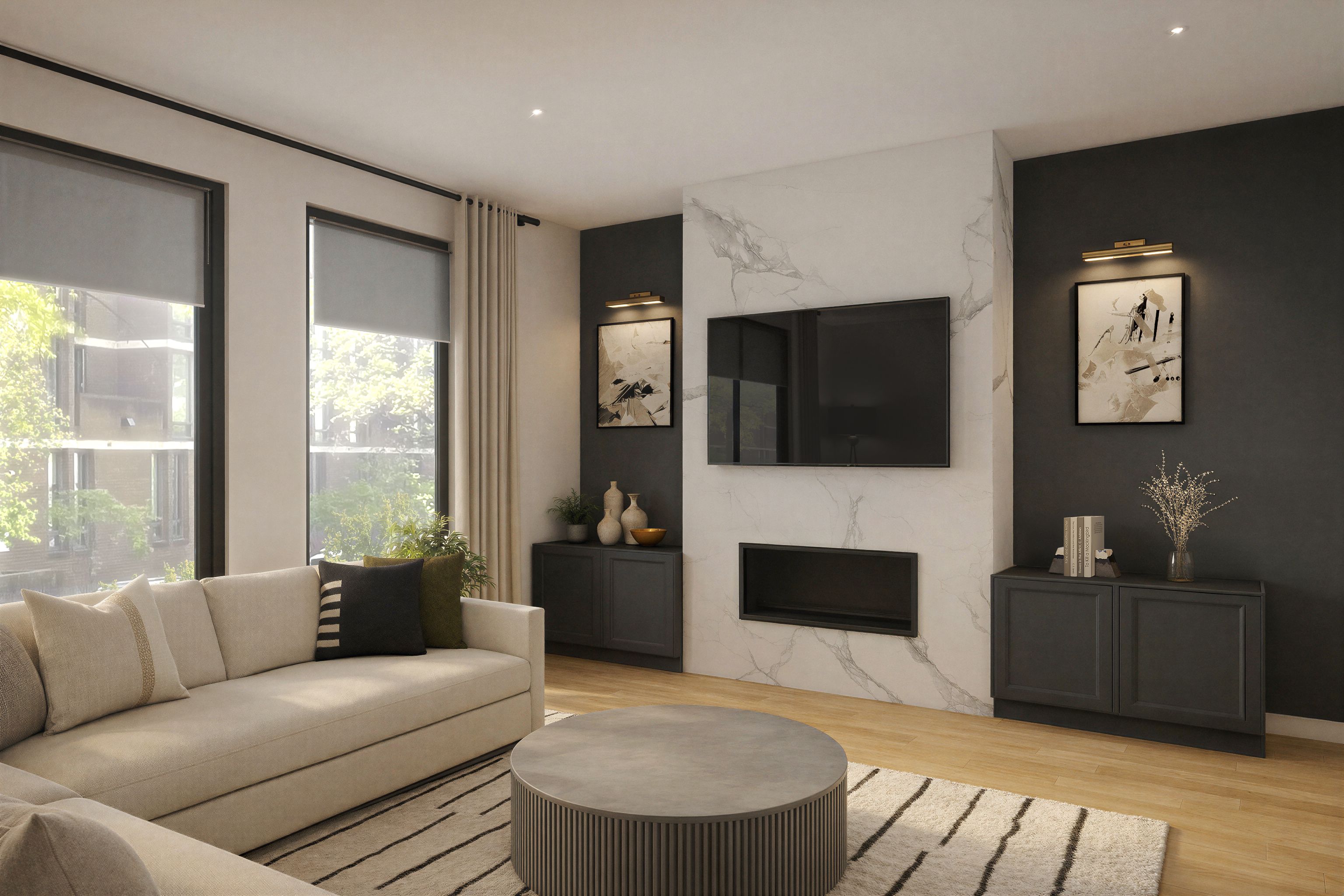 Contemporary living room with a marble fireplace wall flanked by custom charcoal built-in cabinetry, a wall-mounted television, a low-profile cream sectional and a tan and black wool rug.