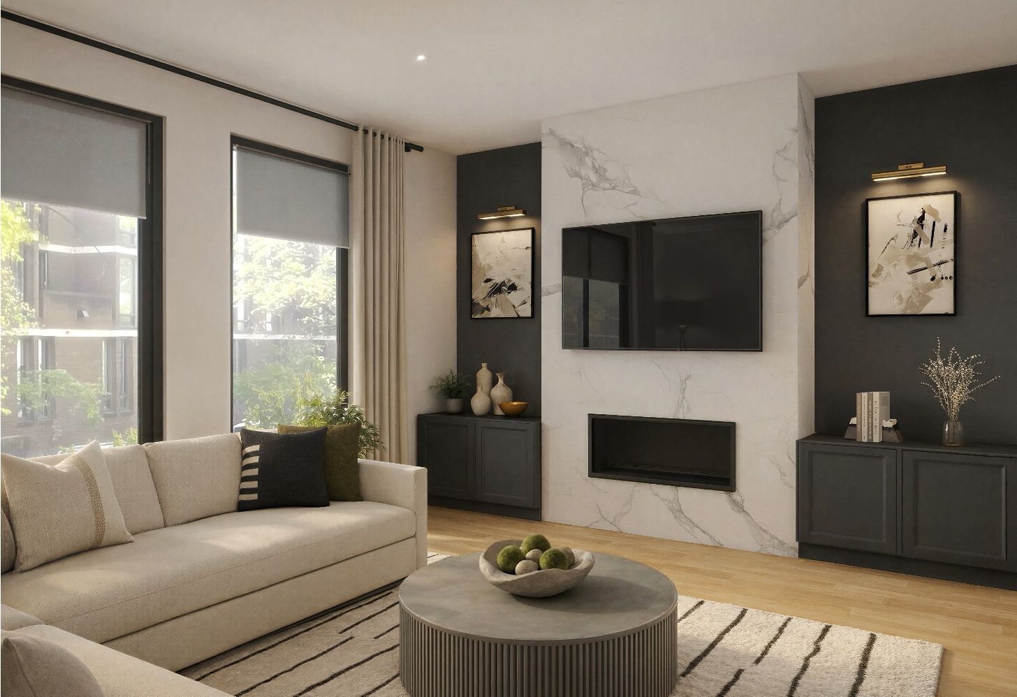 Contemporary living room with a marble fireplace wall, charcoal built-ins, and a pale sectional in a Philadelphia townhouse.