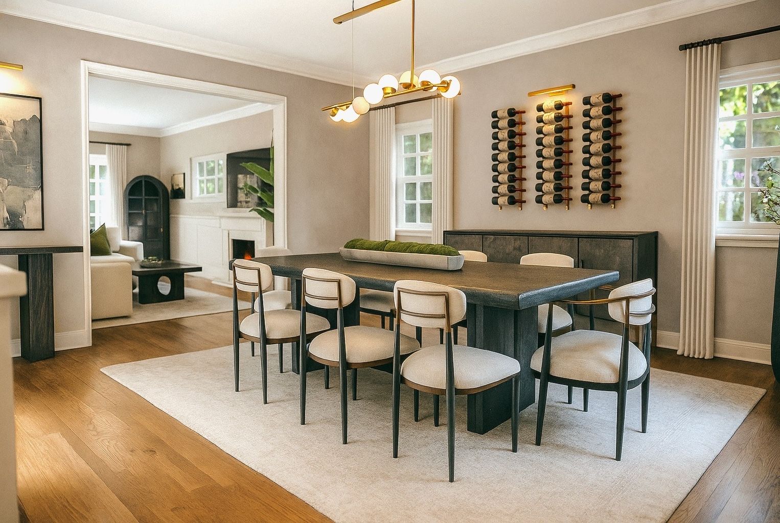 Open dining room with a long black wood table, cream and brass upholstered chairs, and a wine display wall, connecting to the adjoining living room.