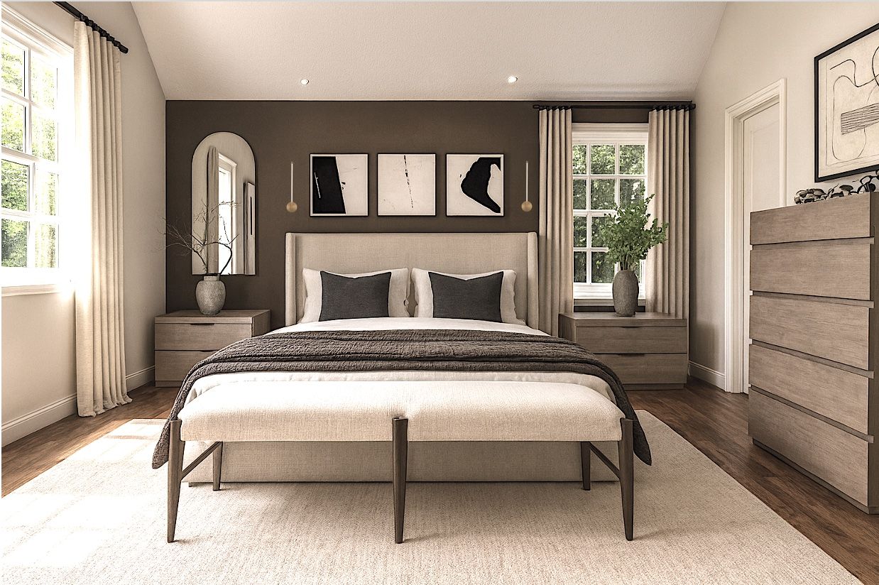 Bedroom with a warm brown accent wall, upholstered bed, and bench at its foot in a Massapequa, New York home.