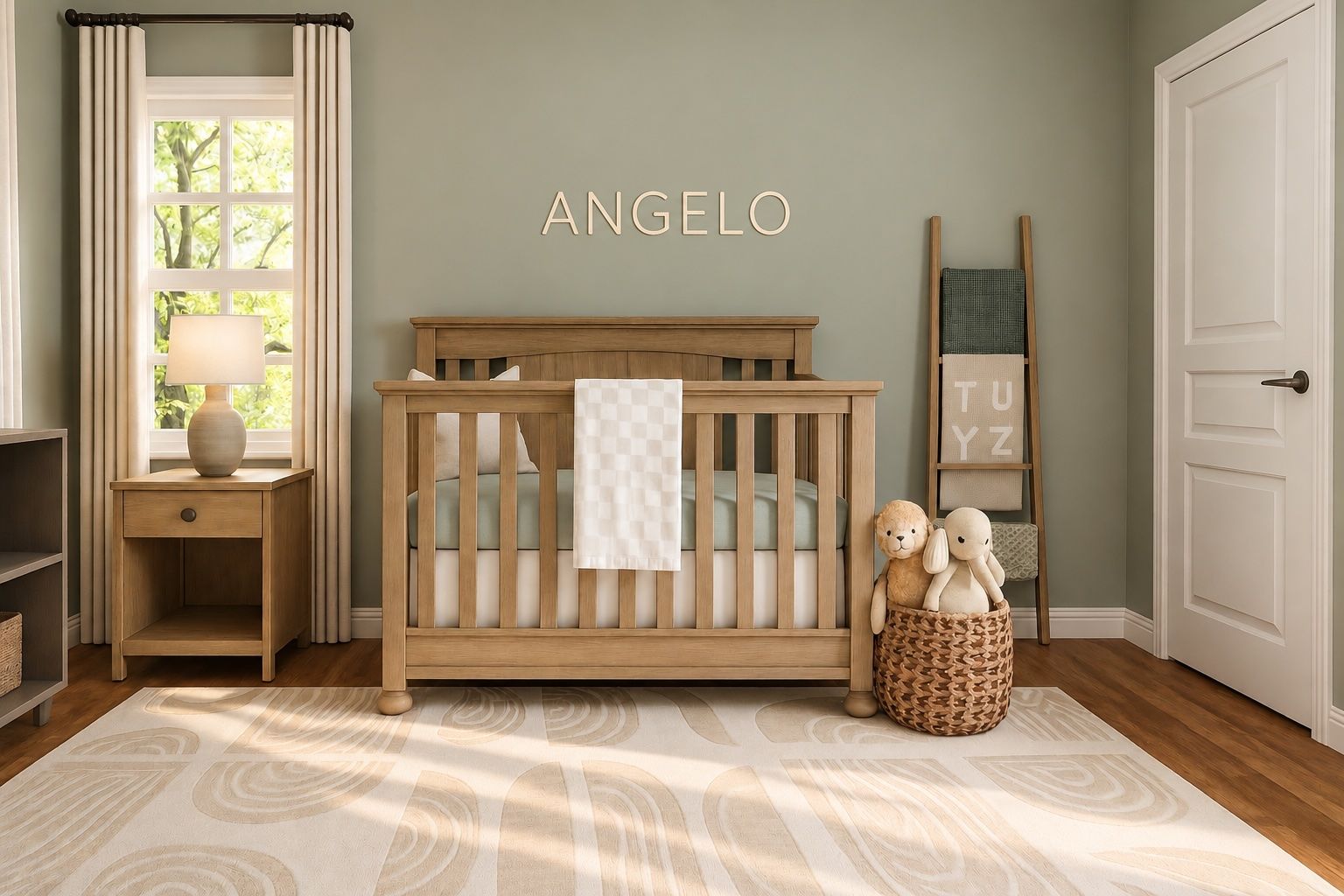 Nursery with a light wood crib against a soft sage accent wall and a decorative blanket ladder.