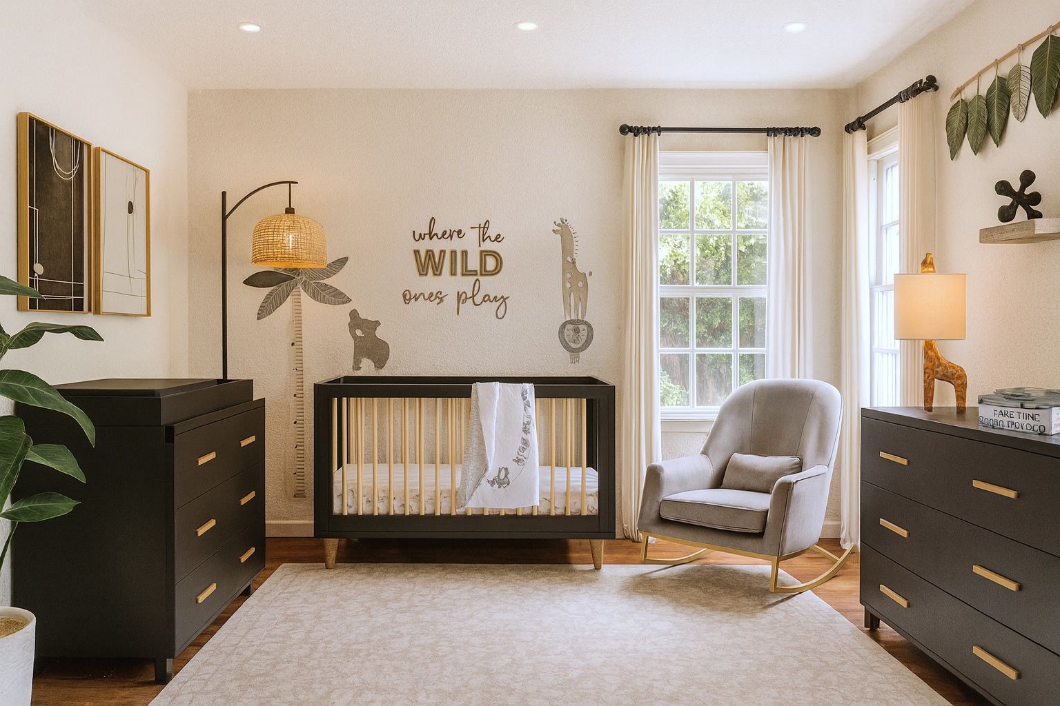 Child’s room with an animal themed wall, dark dresser, crib, and upholstered armchair positioned beside a window.
