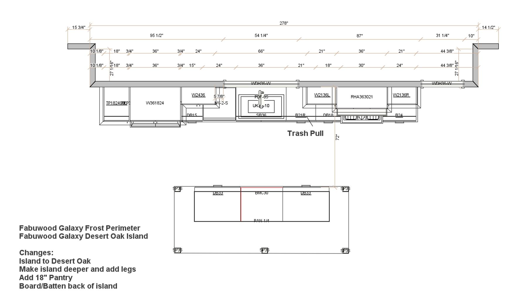 Kitchen elevation drawing with cabinet dimensions and design notes.