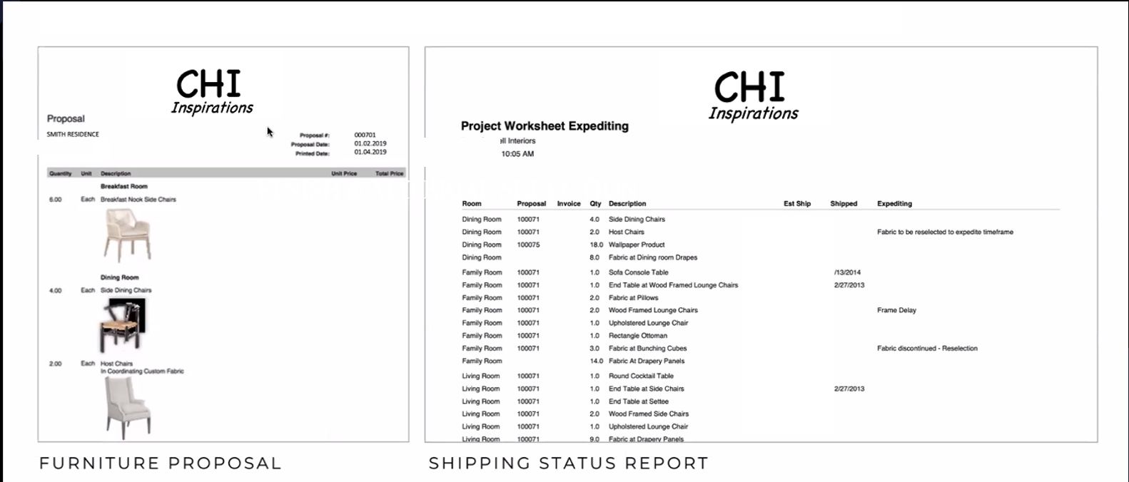 Furniture proposal and shipping status report used during the design and procurement process.