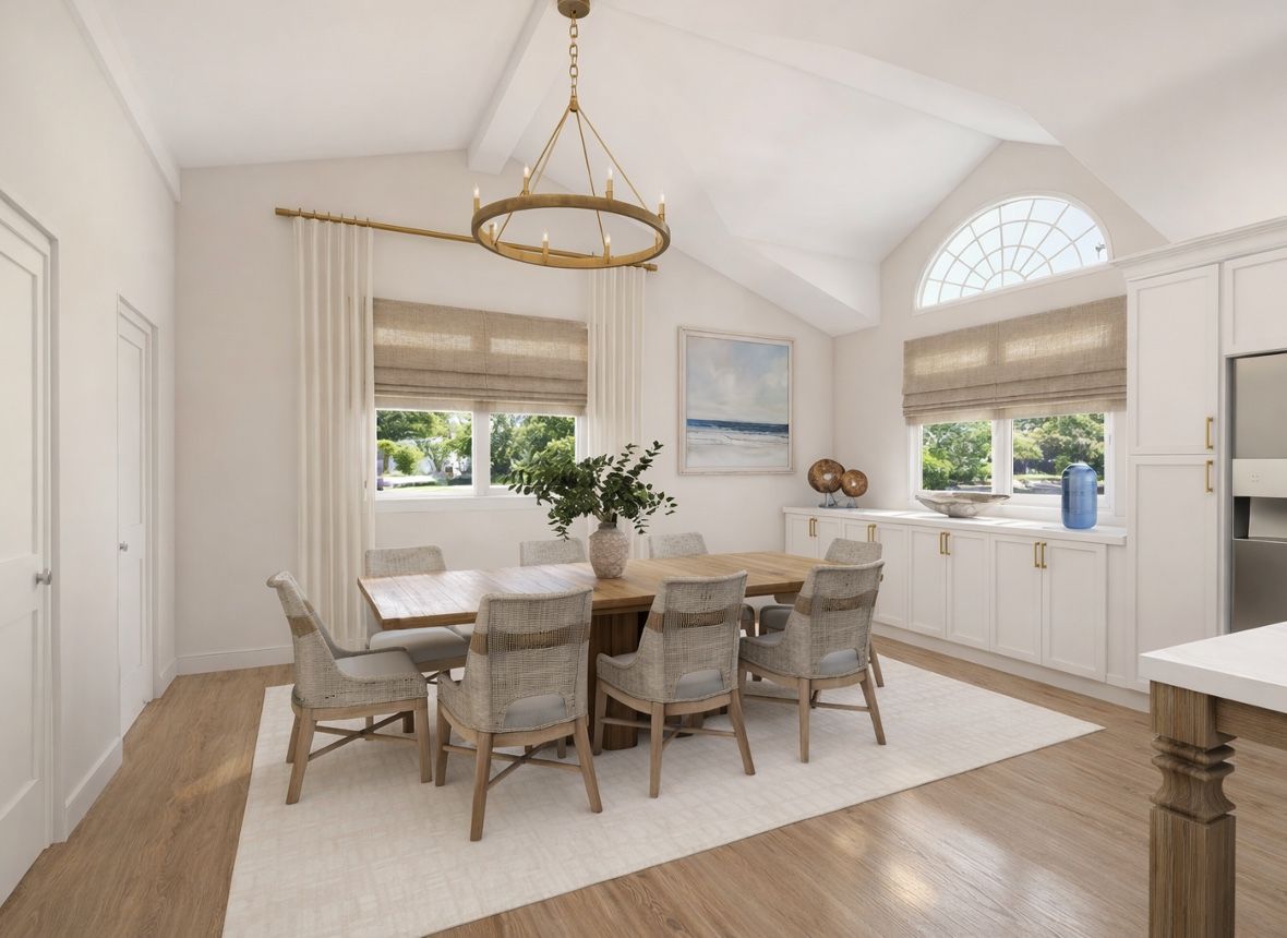 3D rendering of a dining room with a vaulted ceiling and arched window.