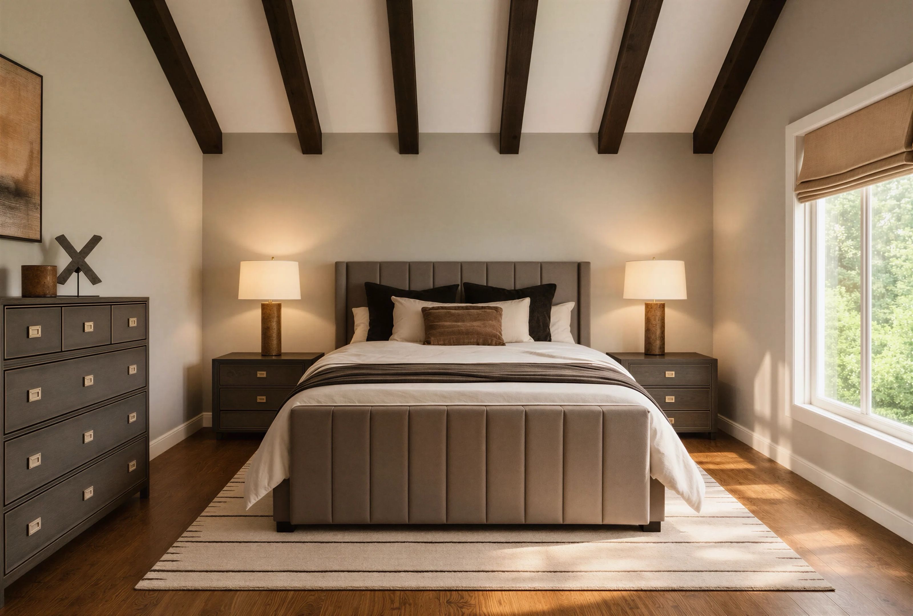 Bedroom with a channel-tufted upholstered bed, matching bedside lamps, and exposed ceiling beams.