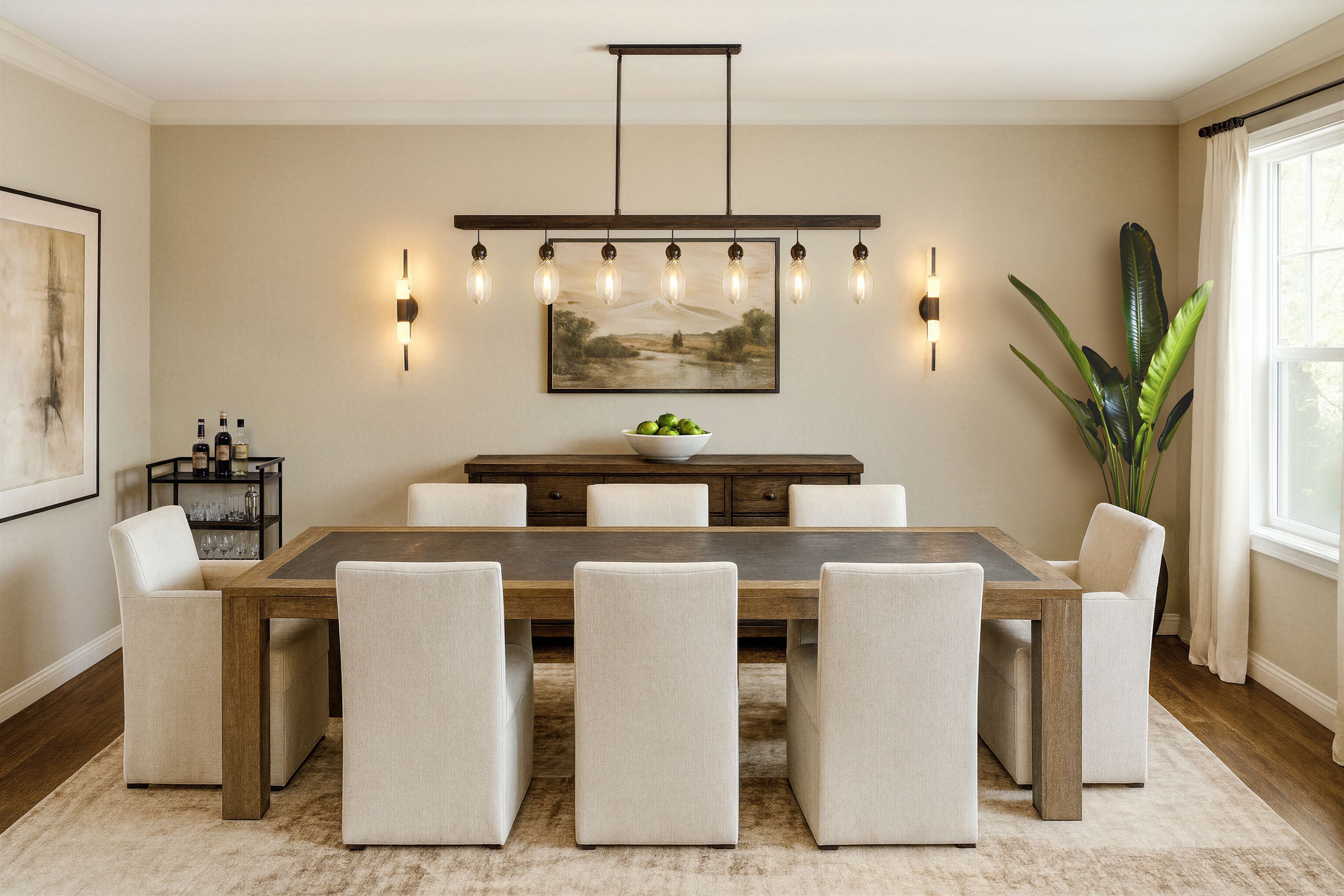 Transitional dining room with cream upholstered chairs, a wood table, and linear iron chandelier in a New Jersey home.