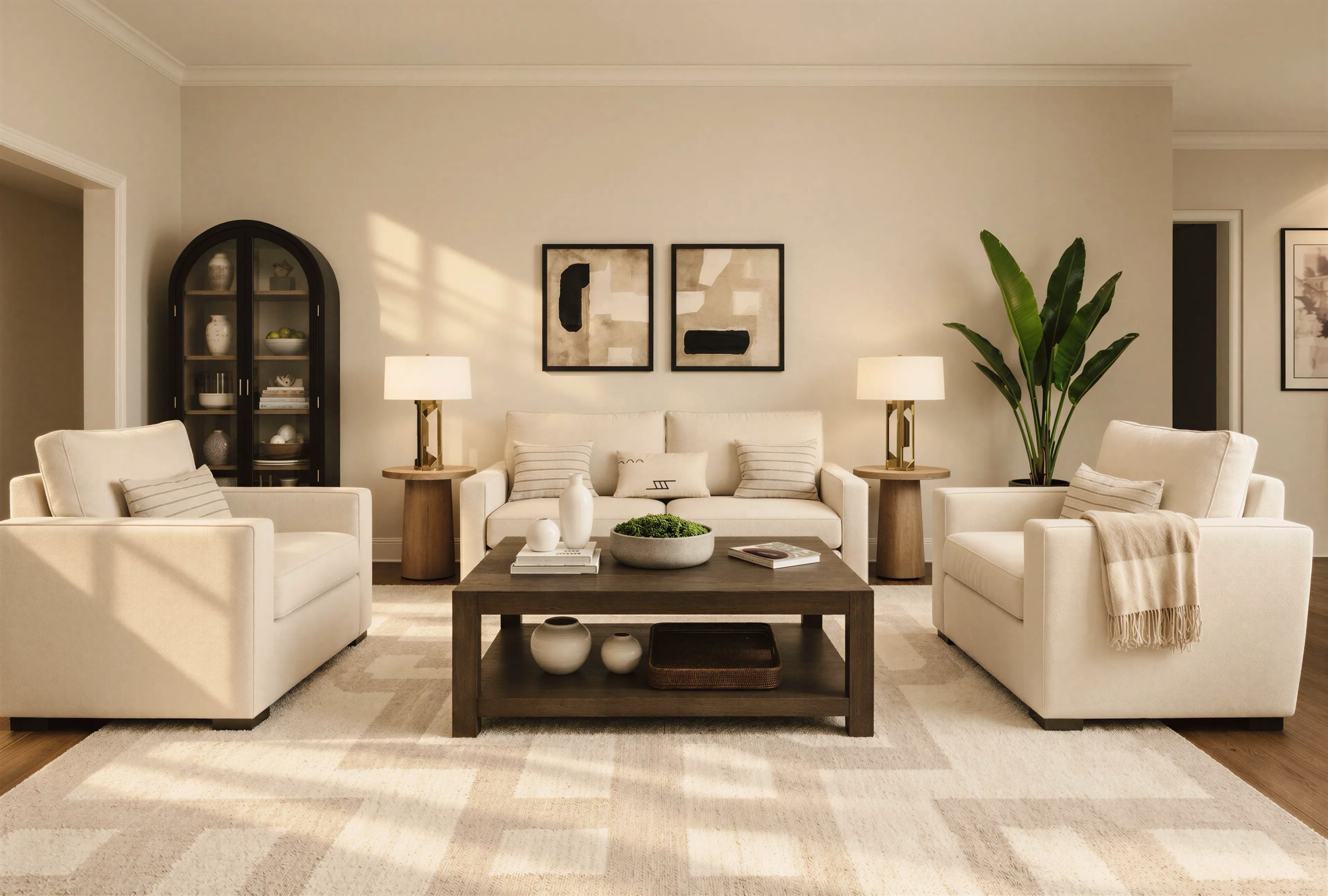 Living room with cream sofas and armchairs layered with pillows, arranged around a dark wood coffee table beside an arched display cabinet, and a textured tan-and-cream rug.